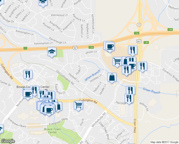 map of restaurants, bars, coffee shops, grocery stores, and more near 2217 Harwood Lane in Bowie
