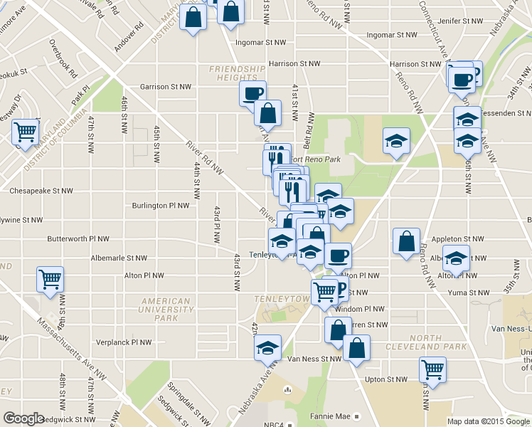 map of restaurants, bars, coffee shops, grocery stores, and more near River Rd NW & 42nd St NW in Washington