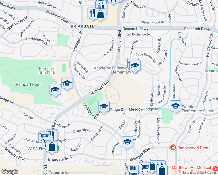 map of restaurants, bars, coffee shops, grocery stores, and more near 8165 North Union Boulevard in Colorado Springs