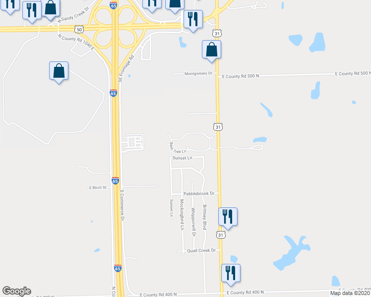 map of restaurants, bars, coffee shops, grocery stores, and more near 2710 Bent Tree Lane in Seymour