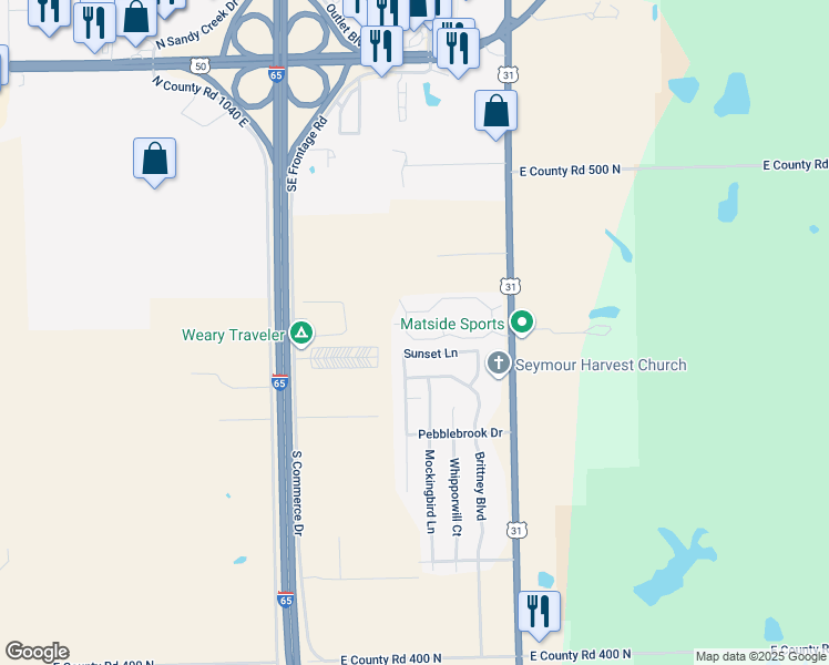 map of restaurants, bars, coffee shops, grocery stores, and more near 998 Sunset Lane in Seymour