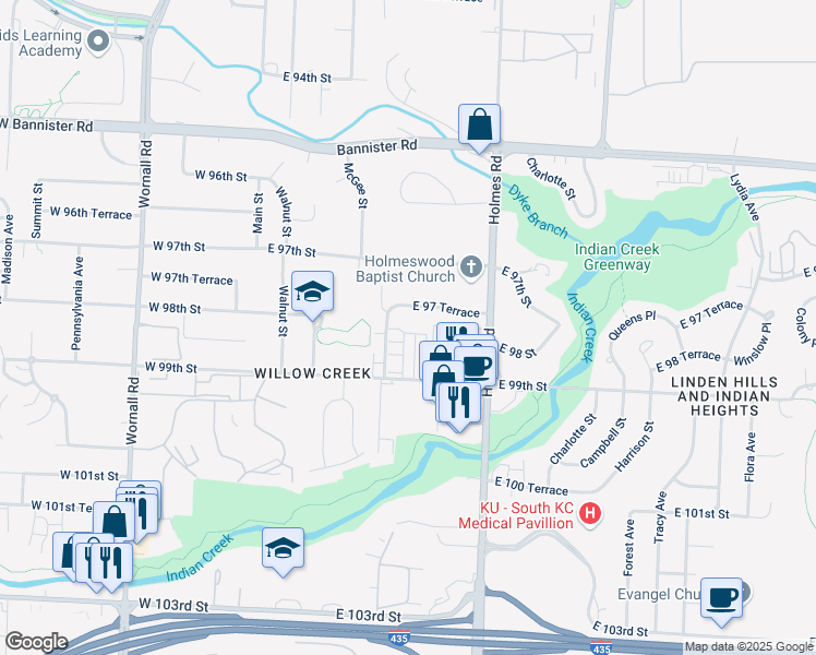 map of restaurants, bars, coffee shops, grocery stores, and more near 509 East 97 Terrace in Kansas City