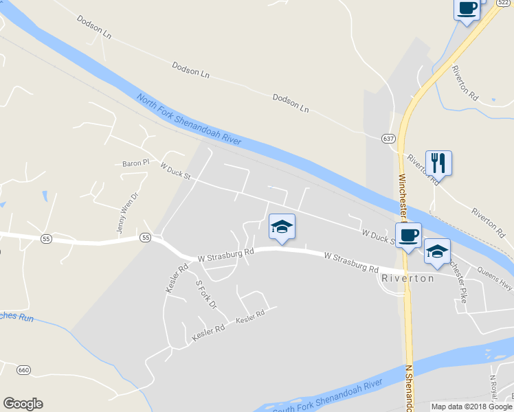 map of restaurants, bars, coffee shops, grocery stores, and more near 307 West Duck Street in Front Royal