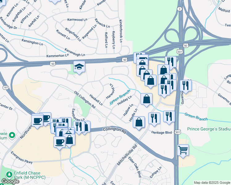 map of restaurants, bars, coffee shops, grocery stores, and more near 2217 Harwood Lane in Bowie