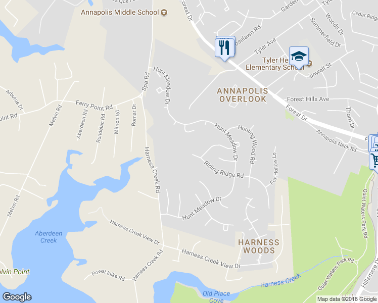 map of restaurants, bars, coffee shops, grocery stores, and more near 302 Riding Ridge Road in Annapolis