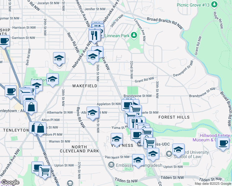 map of restaurants, bars, coffee shops, grocery stores, and more near 4600 Connecticut Avenue Northwest in Washington