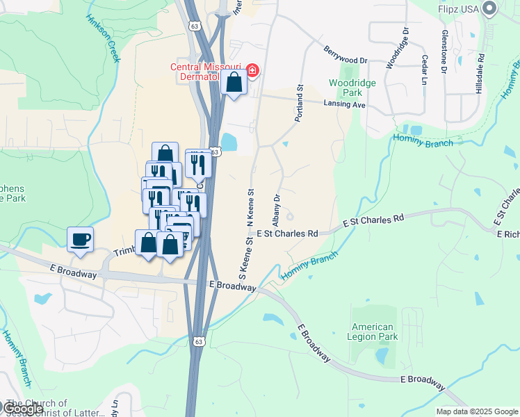 map of restaurants, bars, coffee shops, grocery stores, and more near 8 North Keene Street in Columbia