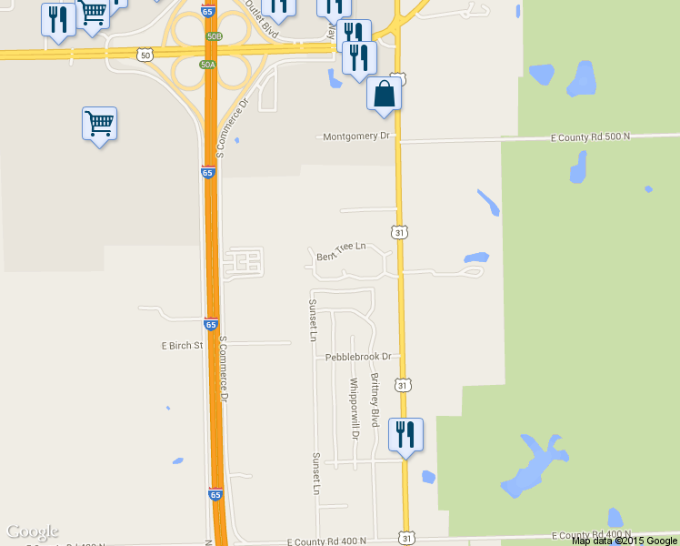 map of restaurants, bars, coffee shops, grocery stores, and more near 2710 Bent Tree Lane in Seymour