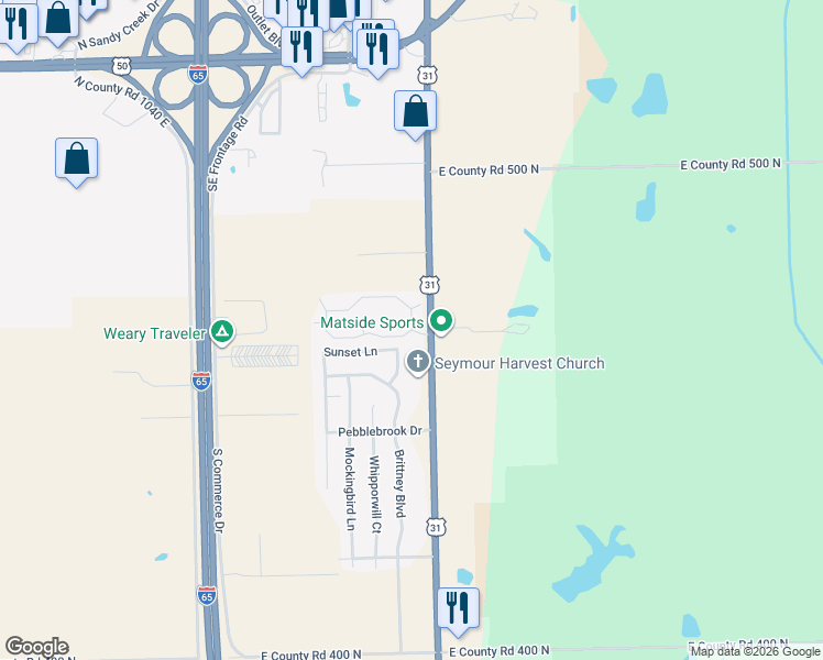 map of restaurants, bars, coffee shops, grocery stores, and more near 2571 Bent Tree Lane in Seymour