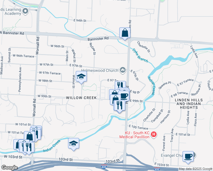 map of restaurants, bars, coffee shops, grocery stores, and more near 509 East 97 Terrace in Kansas City