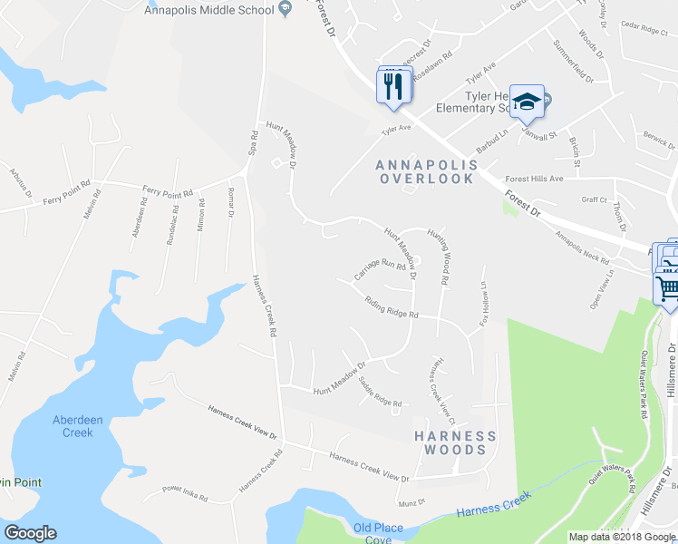 map of restaurants, bars, coffee shops, grocery stores, and more near 306 Riding Ridge Road in Annapolis