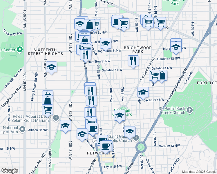 map of restaurants, bars, coffee shops, grocery stores, and more near 805 Emerson Street Northwest in Washington