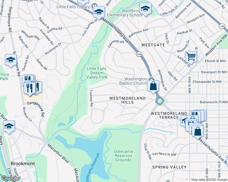 map of restaurants, bars, coffee shops, grocery stores, and more near 5316 Carvel Road in Bethesda