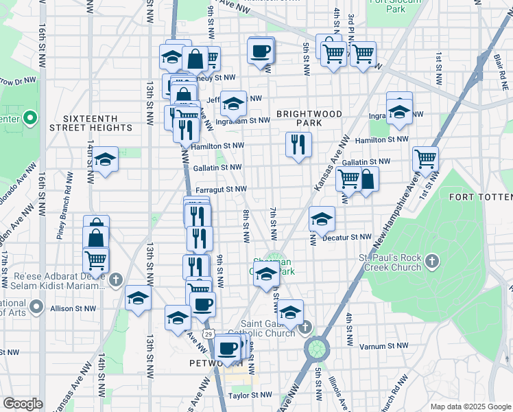 map of restaurants, bars, coffee shops, grocery stores, and more near 725 Emerson Street Northwest in Washington