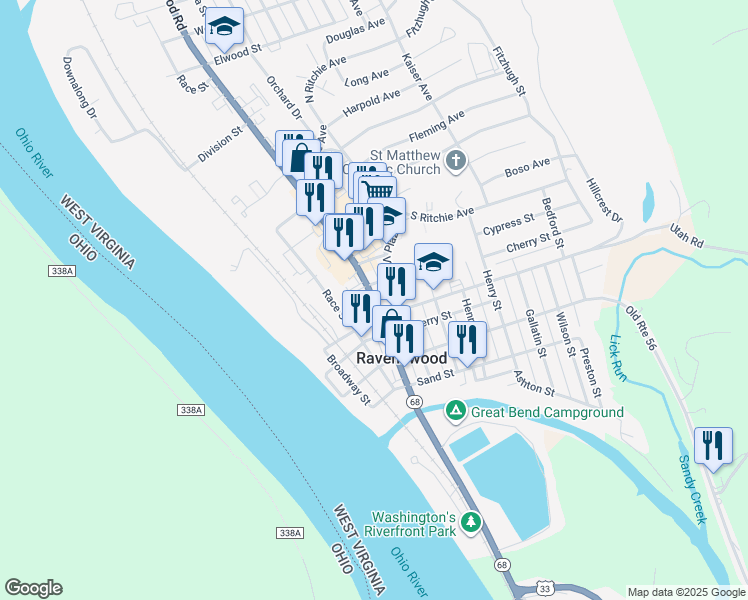 map of restaurants, bars, coffee shops, grocery stores, and more near West Virginia 68 in Ravenswood