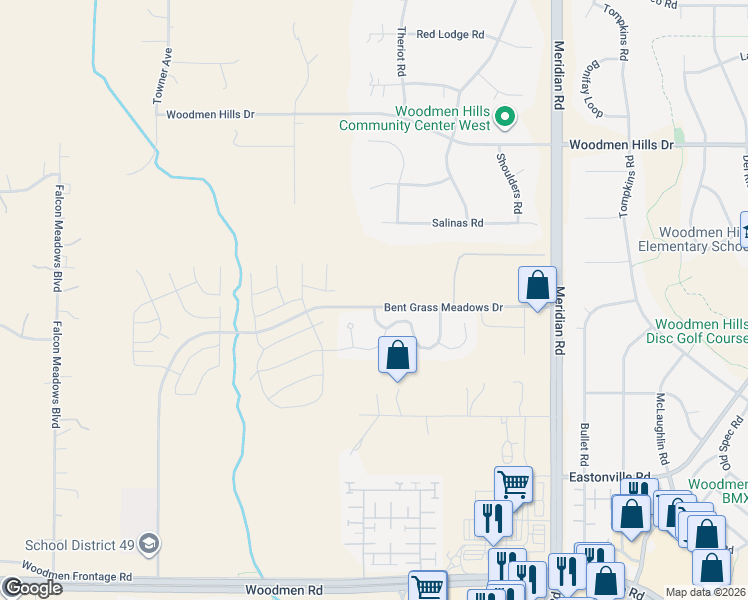 map of restaurants, bars, coffee shops, grocery stores, and more near Bent Grass Meadows Drive in Falcon