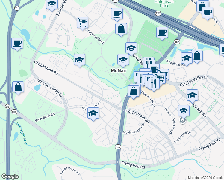 map of restaurants, bars, coffee shops, grocery stores, and more near 13530 Davinci Lane in Herndon