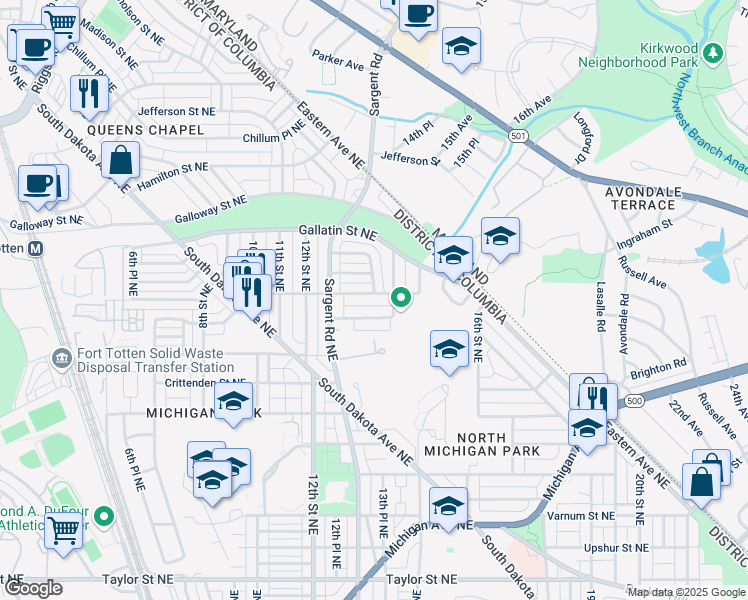 map of restaurants, bars, coffee shops, grocery stores, and more near 1251 Emerson Street Northeast in Washington