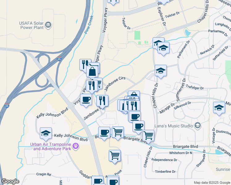 map of restaurants, bars, coffee shops, grocery stores, and more near 1530 Jamboree Drive in Colorado Springs