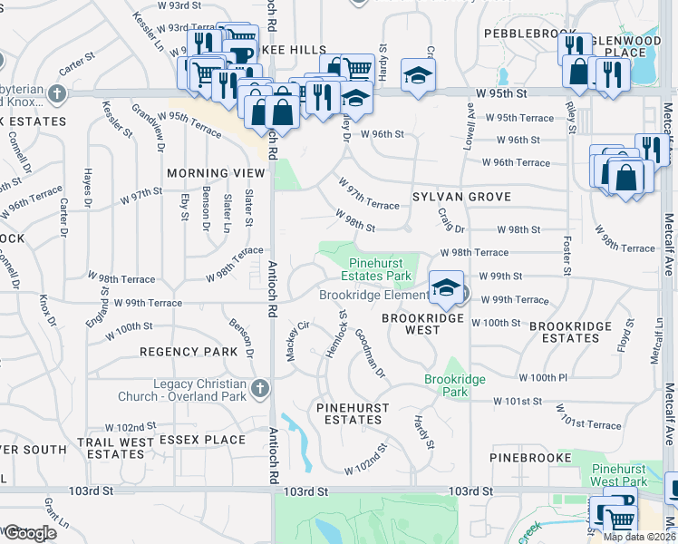 map of restaurants, bars, coffee shops, grocery stores, and more near 8214 West 99th Street in Overland Park