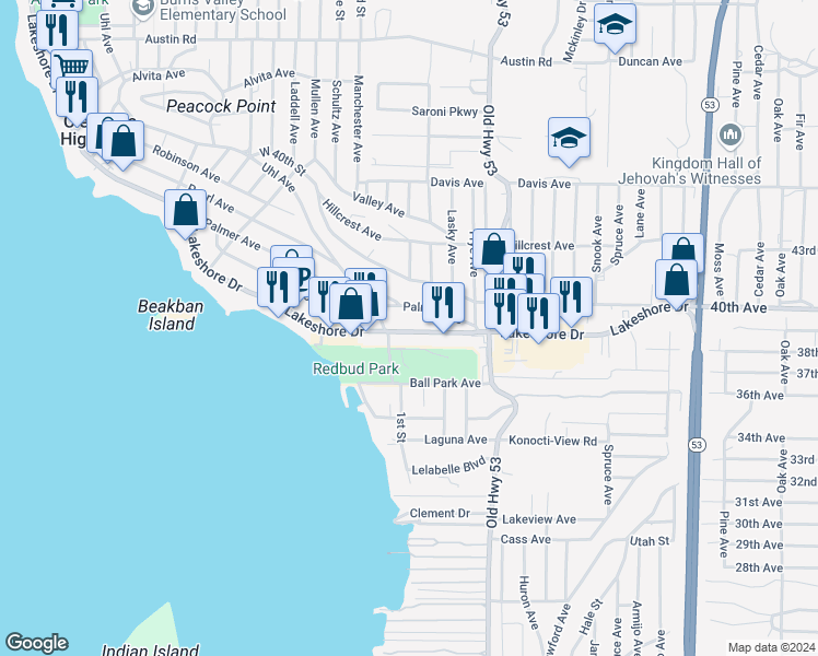 map of restaurants, bars, coffee shops, grocery stores, and more near 14832 Lakeshore Drive in Clearlake