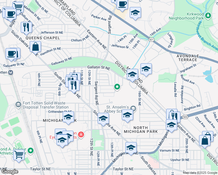 map of restaurants, bars, coffee shops, grocery stores, and more near 1251 Emerson Street Northeast in Washington