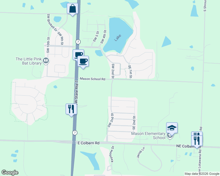map of restaurants, bars, coffee shops, grocery stores, and more near 26497-26839 Mason School Road in Blue Springs
