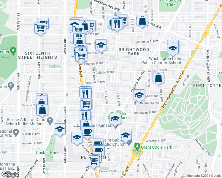 map of restaurants, bars, coffee shops, grocery stores, and more near 725 Emerson Street Northwest in Washington