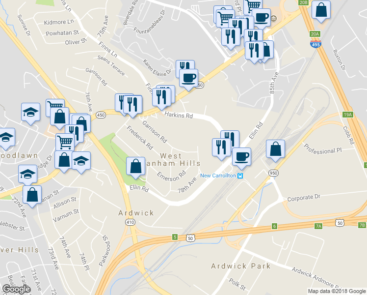 map of restaurants, bars, coffee shops, grocery stores, and more near 7740 Garrison Road in Hyattsville