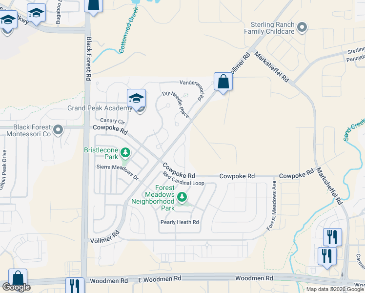 map of restaurants, bars, coffee shops, grocery stores, and more near 8282 Potentilla Grove in Colorado Springs