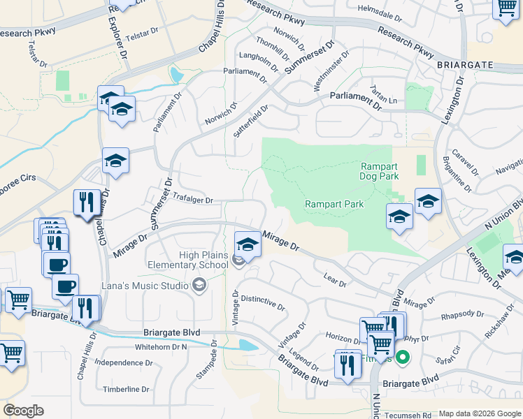 map of restaurants, bars, coffee shops, grocery stores, and more near 8170 Trafalger Drive in Colorado Springs