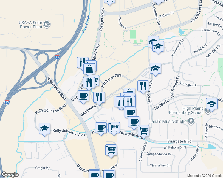 map of restaurants, bars, coffee shops, grocery stores, and more near 8264 Jamboree Circle in Colorado Springs