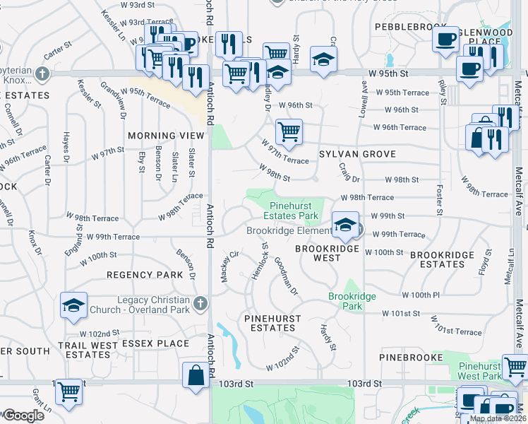 map of restaurants, bars, coffee shops, grocery stores, and more near 8214 West 99th Street in Overland Park