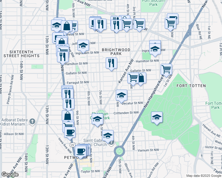 map of restaurants, bars, coffee shops, grocery stores, and more near 603 Emerson Street Northwest in Washington