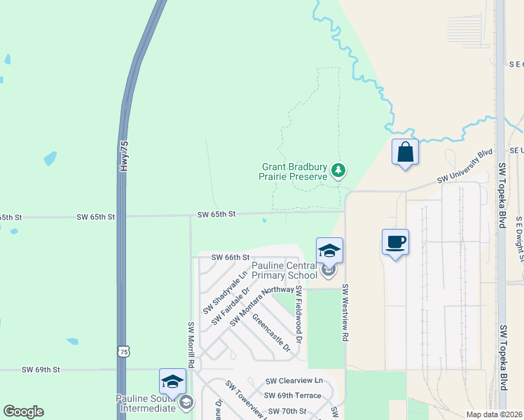 map of restaurants, bars, coffee shops, grocery stores, and more near 1836 Southwest 65th Street in Topeka