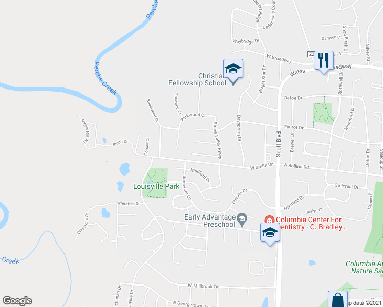 map of restaurants, bars, coffee shops, grocery stores, and more near 4809 Castlewood Court in Columbia
