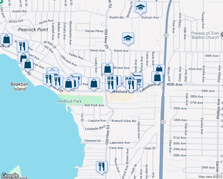 map of restaurants, bars, coffee shops, grocery stores, and more near 15150 Lakeshore Drive in Clearlake