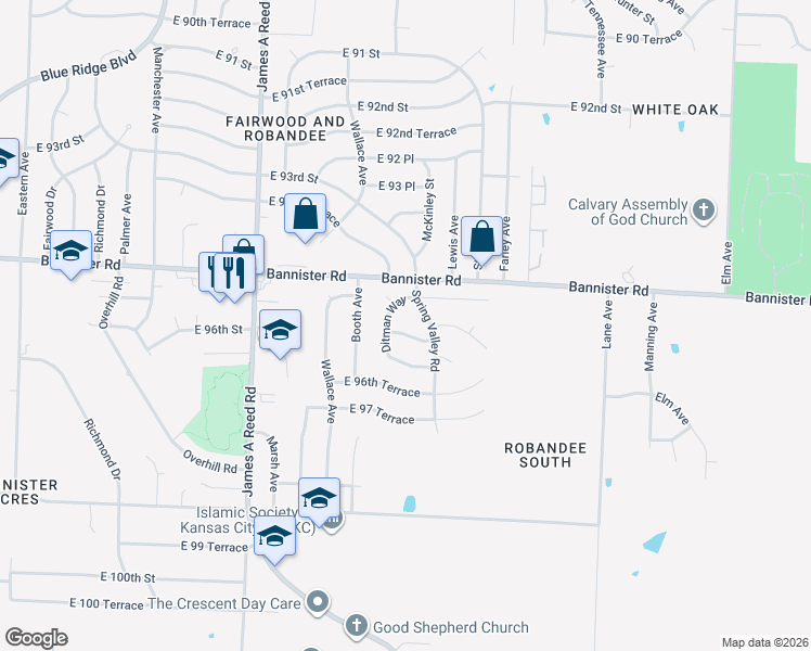 map of restaurants, bars, coffee shops, grocery stores, and more near 9505 Spring Valley Road in Kansas City