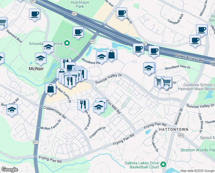 map of restaurants, bars, coffee shops, grocery stores, and more near Fox Hunt Lane in Herndon