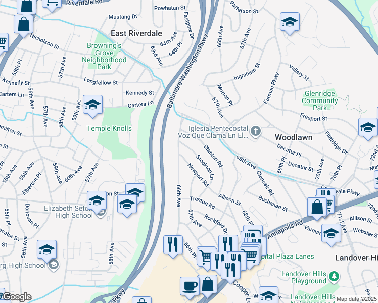 map of restaurants, bars, coffee shops, grocery stores, and more near 6607 Stockton Lane in Hyattsville