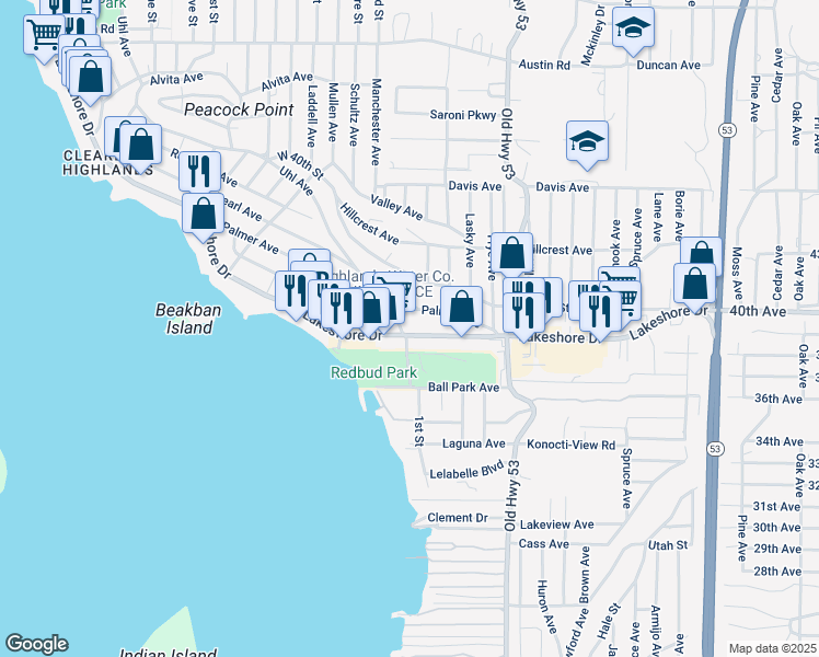 map of restaurants, bars, coffee shops, grocery stores, and more near 14791 Palmer Avenue in Clearlake