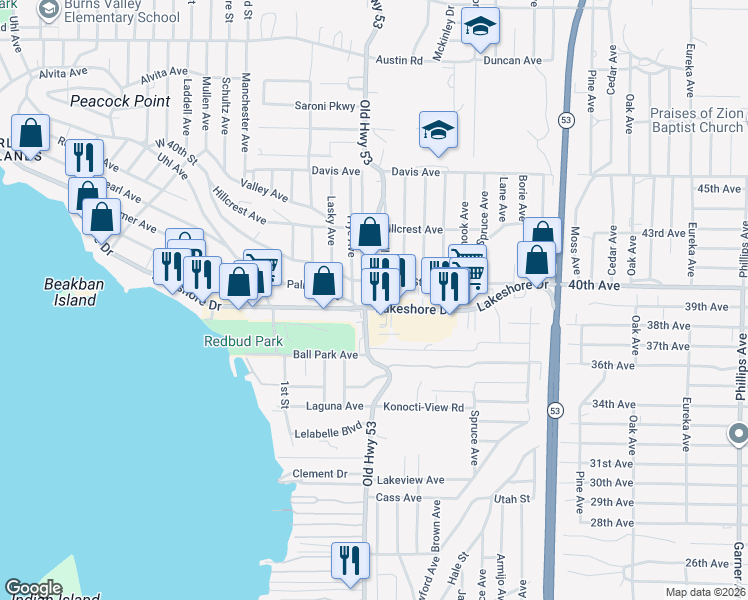 map of restaurants, bars, coffee shops, grocery stores, and more near 15176 Lakeshore Drive in Clearlake