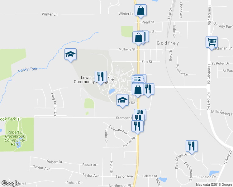 map of restaurants, bars, coffee shops, grocery stores, and more near Lccc Road in Godfrey