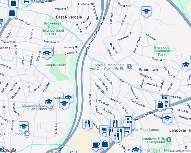 map of restaurants, bars, coffee shops, grocery stores, and more near 6607 Stockton Lane in Hyattsville
