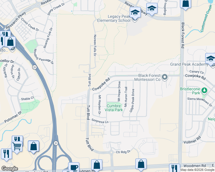 map of restaurants, bars, coffee shops, grocery stores, and more near Cumbre Vista Way in Colorado Springs