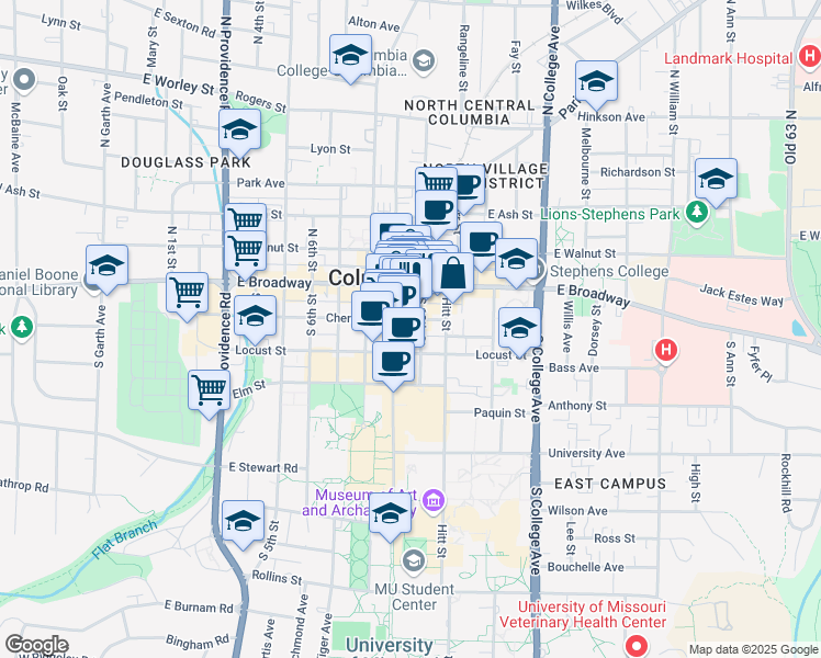 map of restaurants, bars, coffee shops, grocery stores, and more near 910 East Broadway in Columbia