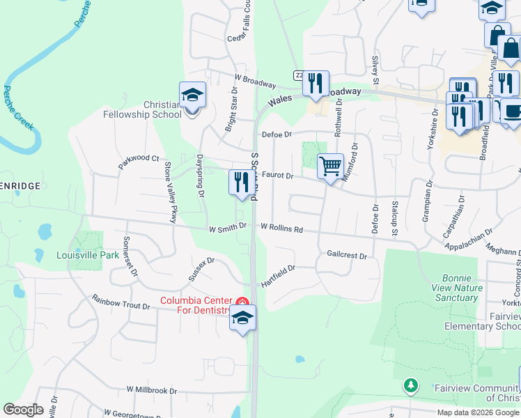 map of restaurants, bars, coffee shops, grocery stores, and more near 505-507 Brewer Drive in Columbia