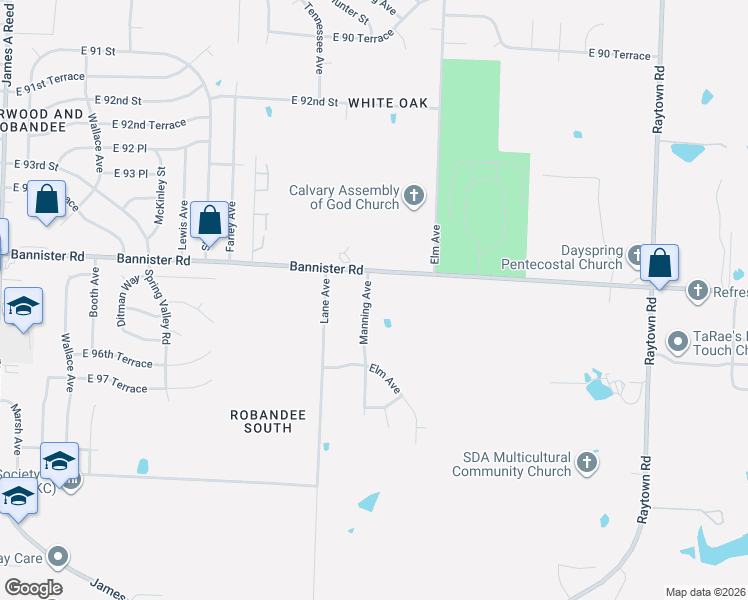 map of restaurants, bars, coffee shops, grocery stores, and more near 9511 Manning Avenue in Kansas City