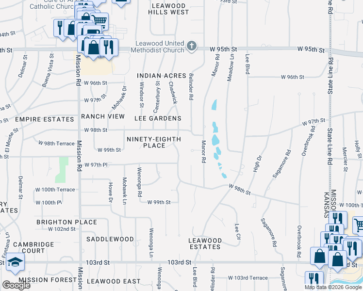 map of restaurants, bars, coffee shops, grocery stores, and more near 9809 Aberdeen Drive in Leawood