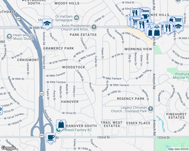 map of restaurants, bars, coffee shops, grocery stores, and more near 9812 Carter Drive in Overland Park